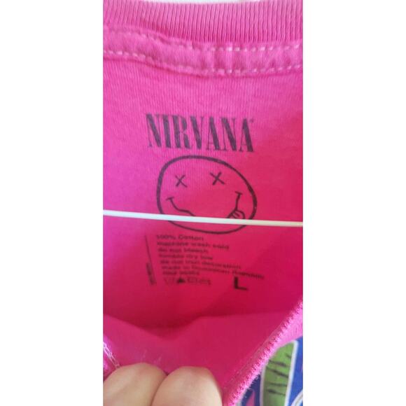 ❤️ Nirvana Acid Wash Smiley Face T-Shirt Size Large Short Sleeve Pink, New - Picture 3 of 3